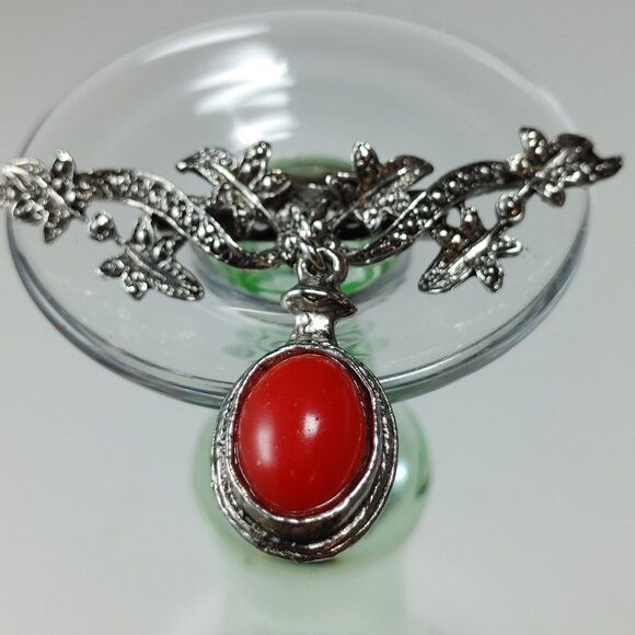 Antique Red Carnelian Stone Brooch or Hat Jewelry Silverplated in Bezel Setting - Picture 2 of 10